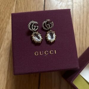 Gucci Gold and Silver Crystal Logo Earrings